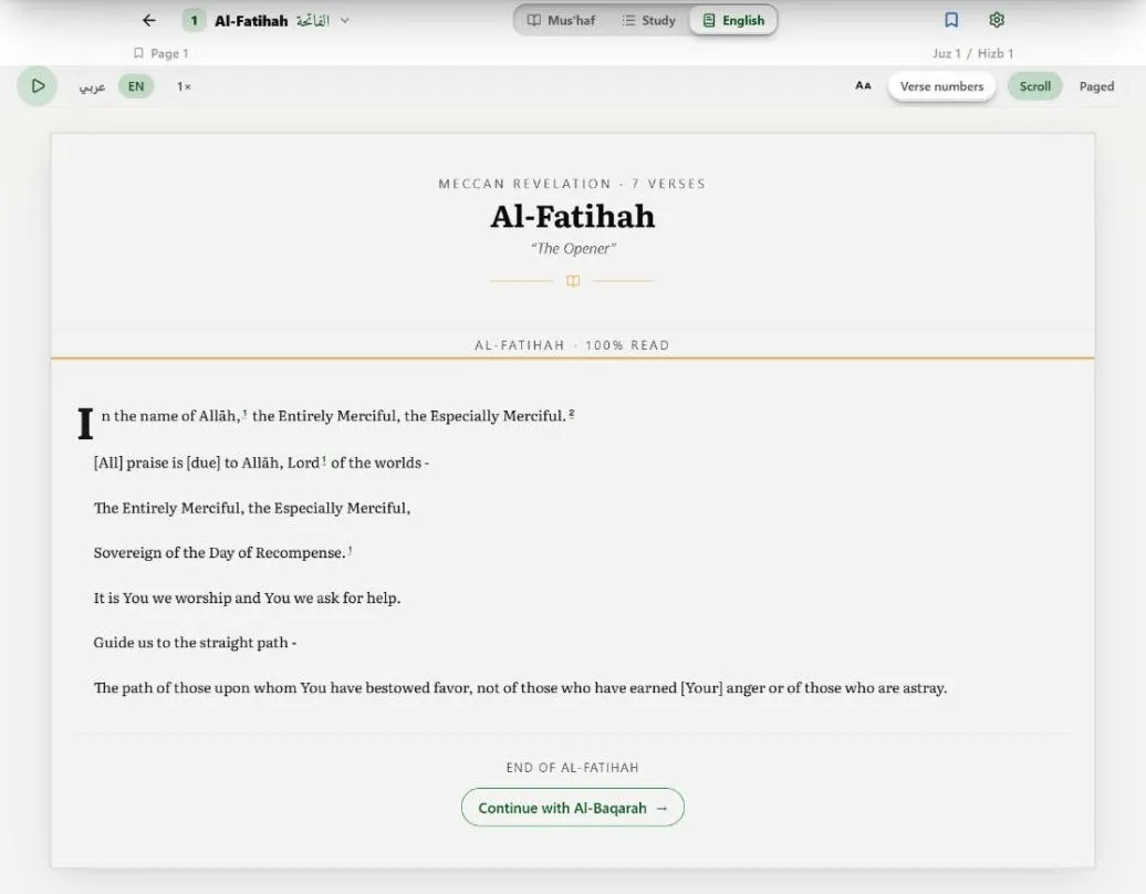 Surah Al-Fatihah in the English book mode, with footnote markers and a link to continue to Al-Baqarah.