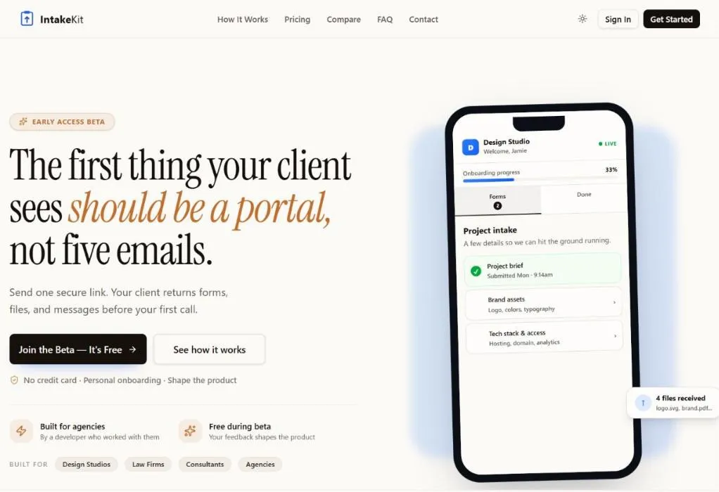 The IntakeKit home page, with a phone mockup of a client portal showing intake progress and forms.