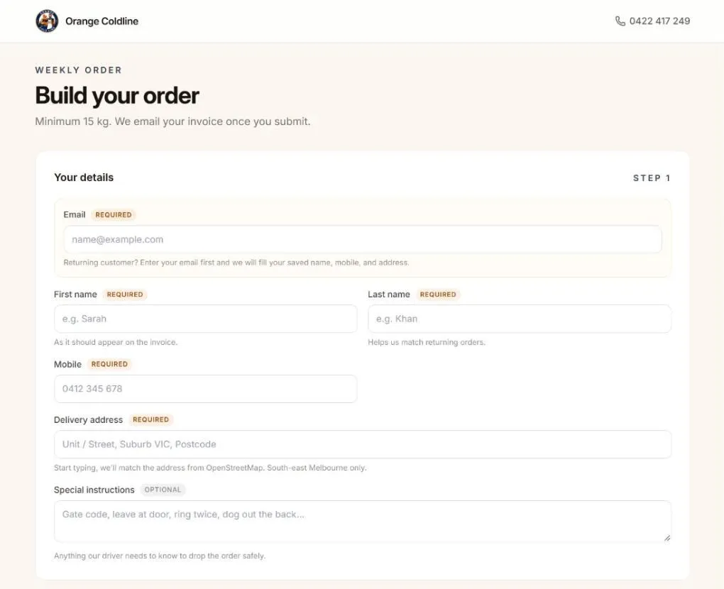 The first step of the order form, asking for email, name, mobile and delivery address.