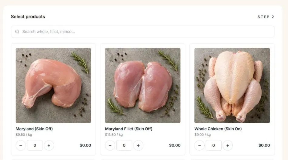 The product step of the order form, showing three cuts with per-kilo prices and quantity steppers.